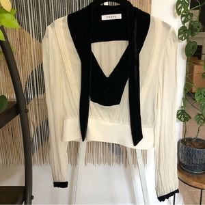 Frame Cropped Silk & Velvet Tie Neck Pussy Bow Blouse